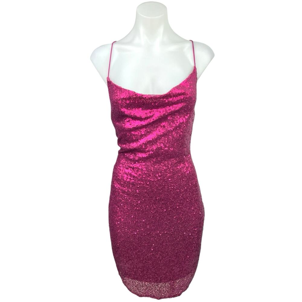 Hello Molly Pink Metallic Glitter Sequin Sleeveless Cami Camisole Mini Dress 4 - Picture 5 of 13
